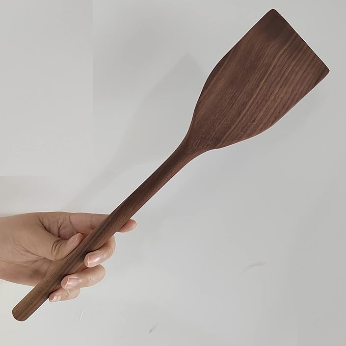 Wooden Spatula for Cooking, Natural Black walnut Wood, 14" Long Handle Angled Wok Spatula, Non Stick Cookware Heat Resistant Kitchen Stir Fry Utensils Black walnut Wooden Utensils for Cooking