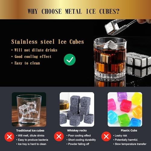 Gifts for Men Dad - Whiskey Stones Reusable Metal Steel Ice Cubes Set - Him or Husband White Elephant Stocking Stuffers for Adults Man - Cool Bourbon Anniversary Funny (16Pcs Ice)