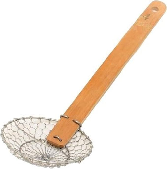 TrueCraftware- 4” Coarse Mesh Skimmer Galvanized Steel with Natural Bamboo Handle- Spider Strainer Ladle Kitchen Frying Food Pasta Spaghetti for Cooking and Frying Pasta Strainer Spoon