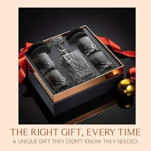 Mixology & Craft Luxury Whiskey Decanter Gift Set - 25oz Crystal Decanter, 4 Old-Fashioned Glasses, 4 Slate Coasters with Diamond Pattern Premium Black Gift Box