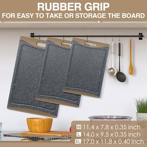 Extra Large Cutting Boards, Plastic Cutting Boards for Kitchen (Set of 3) Cutting Board Set Dishwasher Chopping Board with Juice Grooves Easy-Grip Handles, Brown, Empune
