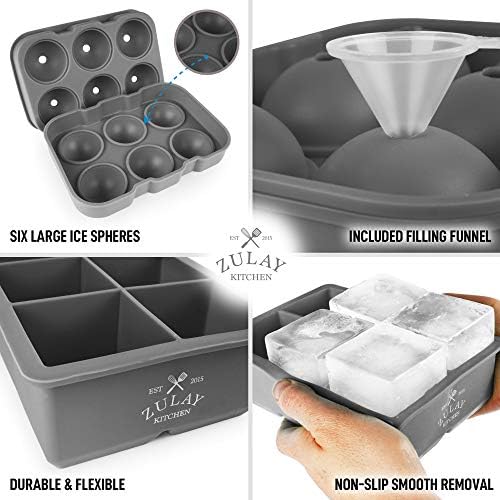 Zulay Kitchen Silicone Ice Cube Trays Set of 2 - Large Square Ice Cube Molds and Sphere Ice Ball Maker with Lid - Reusable Ice Mold For Whiskey, Cocktails, Bourbon (Gray)