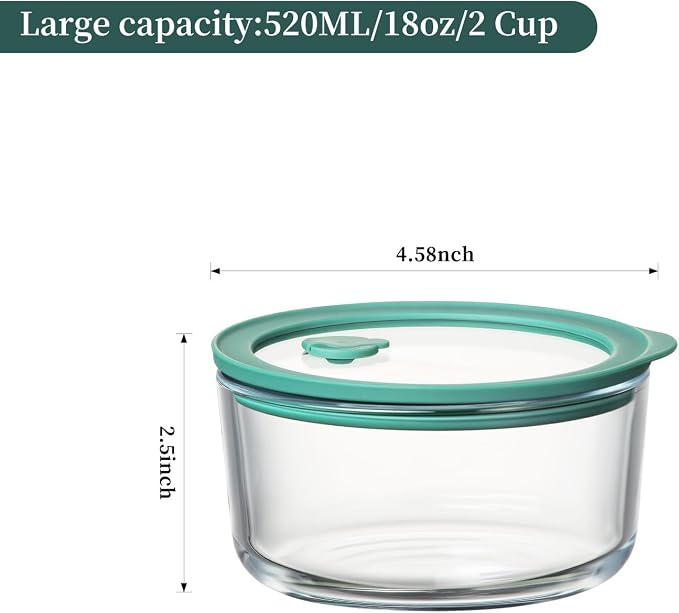 Wissy&Konny 2 Cup Glass Storage Containers with Glass Lids 6 Pack, 100% Plastic Free Borosilicate Meal Prep Containers, Silicone Framed Airtight & Leakproof Lids, Microwave Dishwasher Freezer Safe