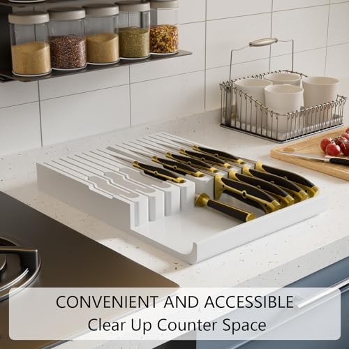 Domax Bamboo In-drawer Knife Block - Kitchen Knife Drawer Organizer Insert, Knife Holder without Knives Large, Drawer Knife Organizer Fits for 16 knives and 1 Sharpening Steel (Not Included), White
