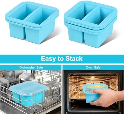 Silicone Freezer Tray with Lid 2 Pack Silicone Freezer Molds Ice Cube Tray Makes 4 Perfect 1 Cup Portions Soup Cubes Meal Prep Containers- Oven & Dishwasher Safe