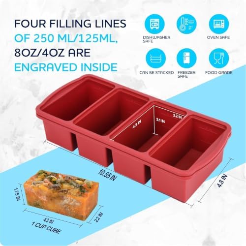 ZIP STANDING Silicone Freezer Trays with Lid,1-cup Soup Freezer Container large Ice Cube Molds with Reinforced Steel Ring Top for freezing Soup Sauce Broth Leftovers oven Dishwasher -Safe(3-Pack)