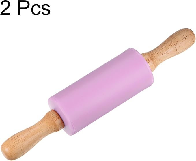 HARFINGTON 2pcs Silicone Rolling Pins for Baking 9.25 Inch Non-Stick Silicone Surface Wooden Handle Rolling Pin Small Roller Playdough Rolling Pins for Fondant Kitchen Dough Pizza, Purple