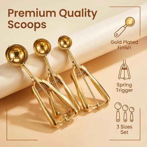 Gold Ice cream spoon,cookie Scoop Set,Stainless steel ice cream scoop with trigger release,3 Sizes (3pcs set)