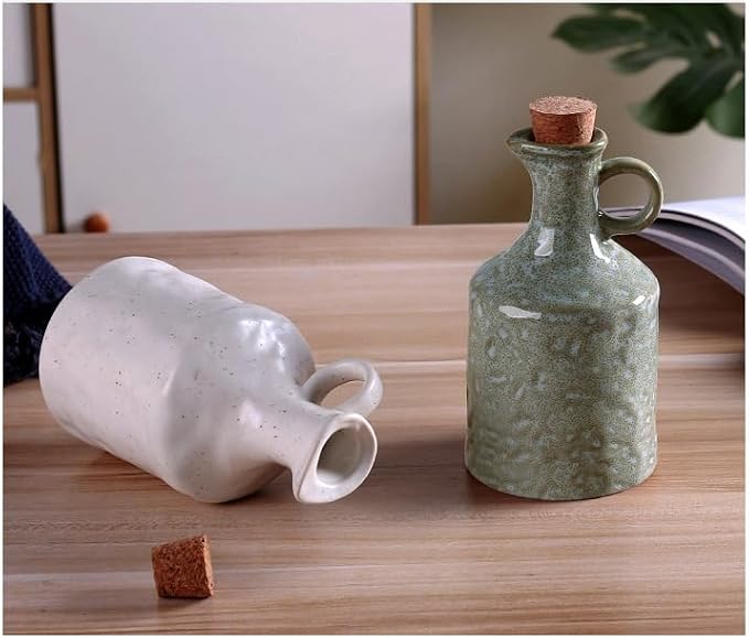 Green Ceramic Olive Oil Dispenser Bottle with Cork Stopper 13.5Oz | Reactive Glaze Texture Oil Bottle, Leak Proof Small Spout,Great for Storing Vinegar, Wine, Soy Sauce, Lemon Juice