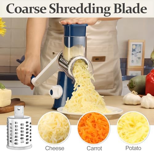 Cambom Rotary Cheese Grater Hand Crank Cheese Shredder for Fresh Cheese, Vegetable, Nuts,Non-slip Suction Base, Five Blades, Dark Blue