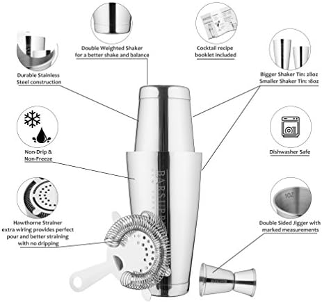 Professional Boston Cocktail Shaker Set | 4-Piece Bar Set | Stainless Steel 304 | 28oz/18oz Weighted Shaker Tins | Hawthorne Strainer | Double Sided Jigger | Recipe Booklet | Bartender Kit (Silver)