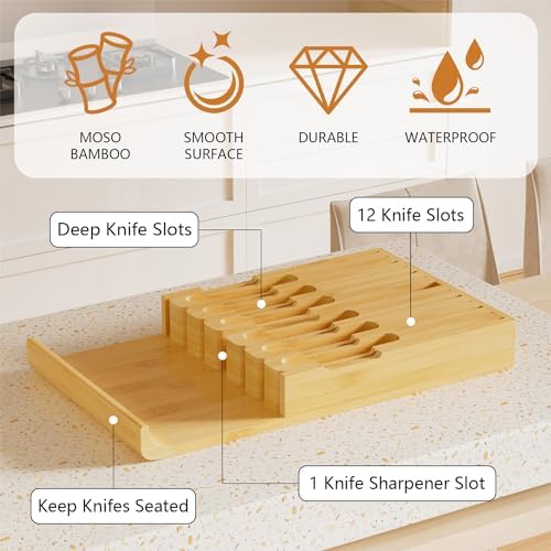 Domax Bamboo In-Drawer Knife Block - Kitchen Drawer Organizer Insert, Steak Knife Holder without Knives, Fits 12 Knives and 1 Sharpening Steel (Not Included), Natural