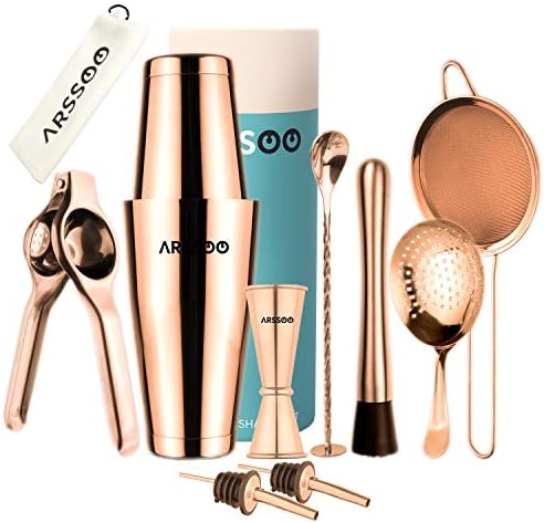 Bartender Kit 11-Piece Stainless Steel Cocktail Shaker Set | Perfect Home Professional Bar Tools, 27/20 OZ Weighted Boston Shakers, Lemon Squeezer, Strainer (Julep, Mesh) | ARSSOO Bar Set (Rose Gold)