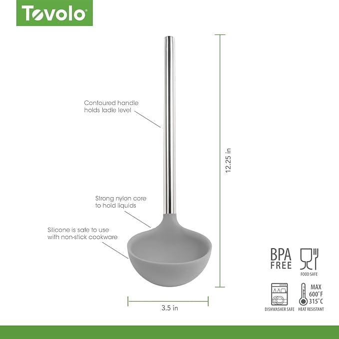 Tovolo Silicone Ladle With Stainless Steel Handle Deep Soup Ladle for Cooking Canning Serving Soup Punch Stew Sauce, Large Kitchen Utensil Spoon Dishwasher Safe BPA Free Silicone Oyster Gray