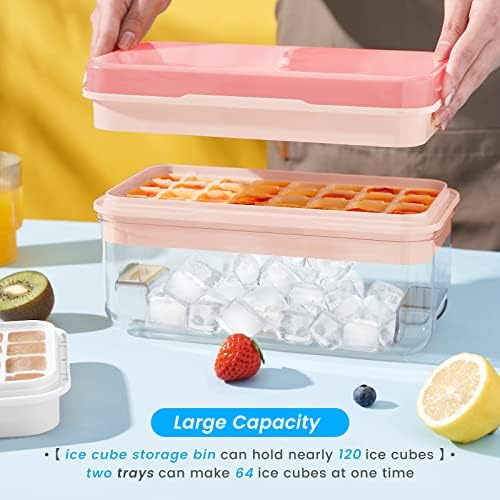 PHINOX 1" Ice Cube Tray with Lid and Bin, Easy Release 64 Cubes for Freezer