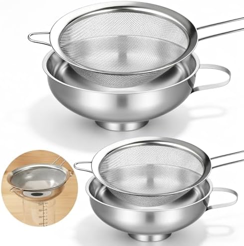 4 Pieces Stainless Steel Funnels with Fine Mesh Strainer