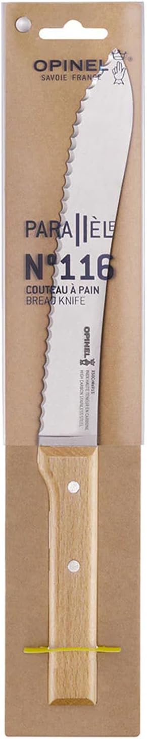 OPINEL No. 116 Parallele Bread Knife, Serrated Edge Kitchen Knife, Elegant Beech Wood or Olive Wood Handle, Made in France (Olive)