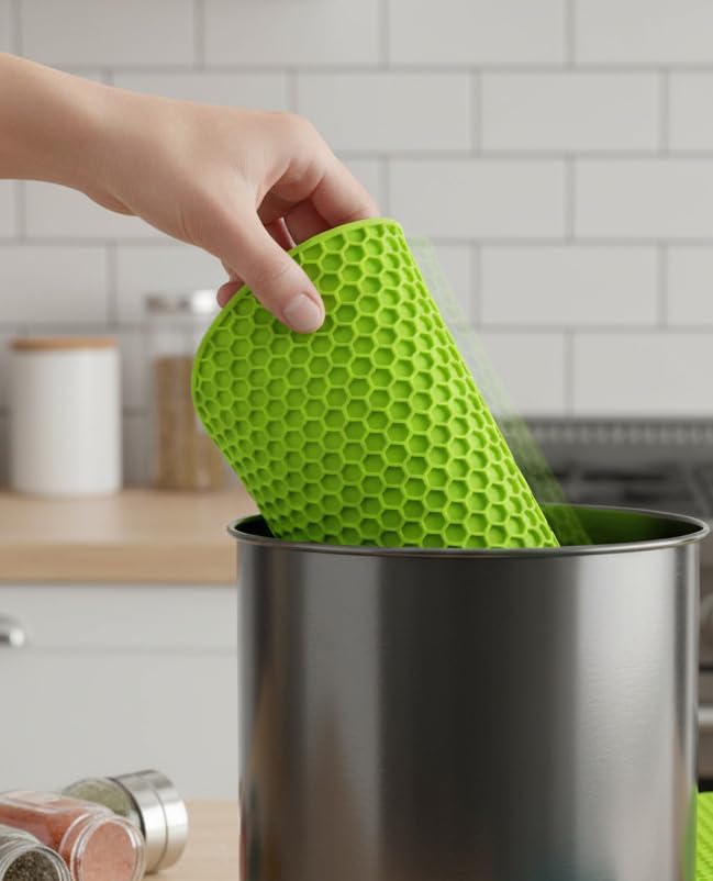 6-Pack Silicone Trivet Mats, Heat Resistant Hot Pads, Dishwasher Safe Kitchen Mats, BPA-Free Pot Holders for Table, Countertop, Stove, Honeycomb Design (Green, 7” Square/Round)