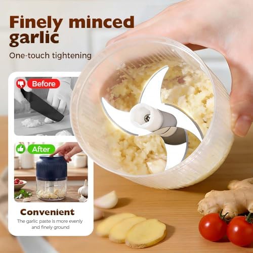 Electric Garlic Chopper, 350ml Cordless Garlic Grinder Onion Masher, Portable Veggie Chopper, Wireless Food Processor For Ginger Chili Fruit Meat Etc (Blue)