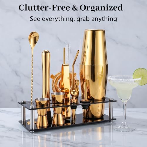 Boston Cocktail Shaker Set, 18 oz & 28 oz 2-Piece Tins, 304 Bartender Kit 15-Piece Bar Tool Set with Acrylic Stand & Recipe Book, for Novices & Pros, Home and Bar Use (Gold)