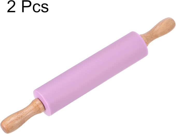 HARFINGTON 2pcs Silicone Rolling Pins for Baking 12.2 Inch Non-Stick Silicone Surface Wooden Handle Rolling Pin Small Roller Playdough Rolling Pins for Fondant Kitchen Dough Pizza, Purple