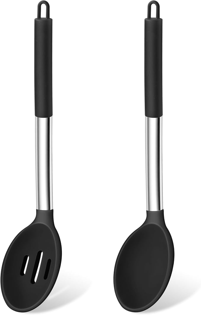 TeamFar Silicone Cooking Spoon, 2 PCS Large Nonstick Kitchen Spoons, Heat-Resistant Solid and Slotted Spoons for Cooking Mixing Serving Stirring, Healthy & Dishwasher Safe, Black