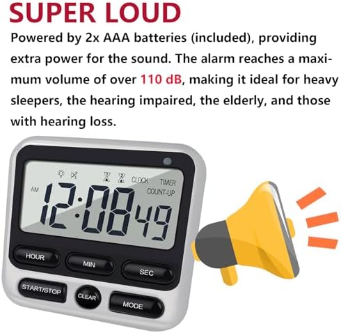 2-Pack Digital Dual Kitchen Timers with Magnet, 24-Hour Countdown & Stopwatch, Loud Alarm, 12/24H Clock, Calendar, Mute Mode, Visual Indicator, Batteries Included (Black)