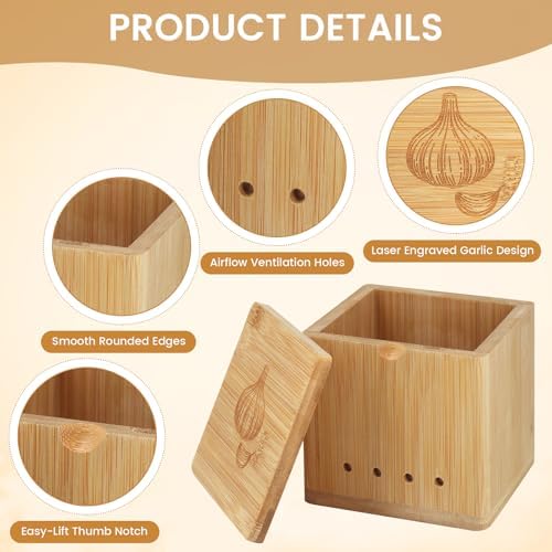 Bamboo Garlic Keeper for Counter, Large Garlic Holder Storage with Lid