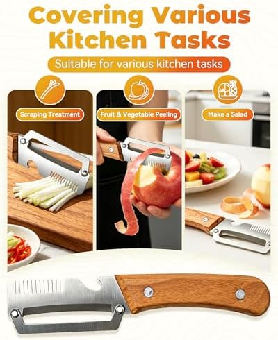 Shredder - 3-in-1 Multifunctional Vegetable Peeler with Bottle Opener & Julienne Shredder, Wide Stainless Steel Blade and Non-slip Wooden Handle, Peeler Knife for Fruits, Vegetables (2pcs)