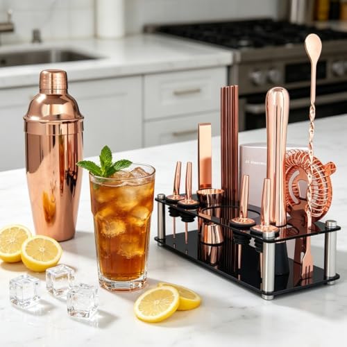 14-Piece Cocktail Shaker Set with Stand, Bartender Kit, 25oz Shakers, Bar Set Cocktail Shaker Set, Jigger for Bartending Kit, Drink Mixer Set, Cocktail Set Recipes Booklet Home, Bar, Party (Rose Gold)