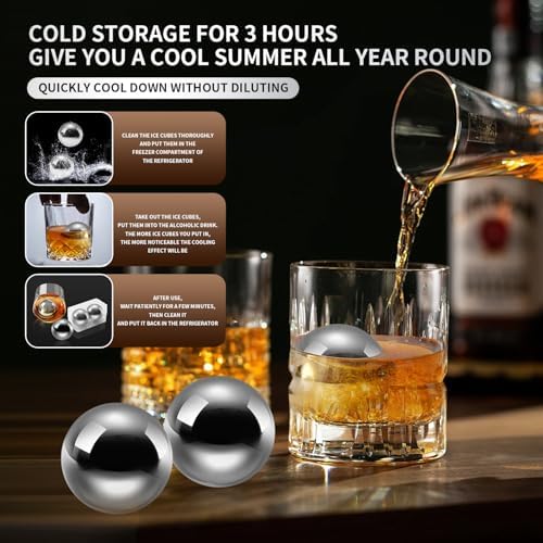 Whiskey Balls Reusable Stainless Steel Metal Ice Sphere Cubes Beverage Chilling Rocks Whiskey Stones for Red Wine, Bar Beer, Scotch, Vodka Drinks