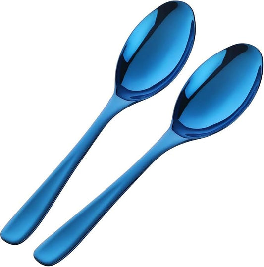 Buffet Serving Spoons, Stainless Steel 10 Inch Blue Plated Server Set of 2, Large Salad Serverware Utensils, Dishwasher Safe