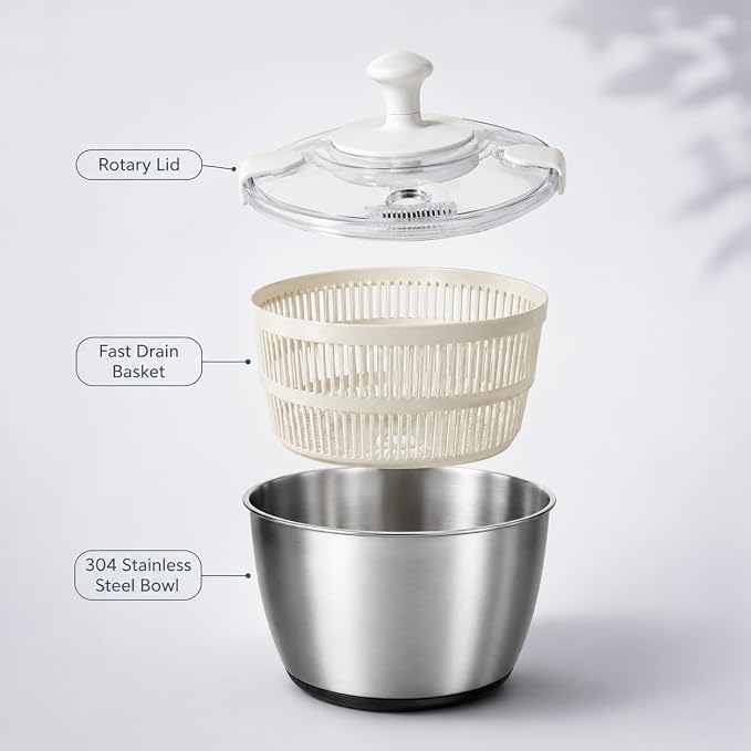 Stainless Steel Salad Spinner Large Capacity 5Qt – Hand Crank Vegetable Washer & Dryer with One-Touch Stop, Drainage Spout, Non-Slip Base – Dishwasher Safe Kitchen Tool for Lettuce & Fruit