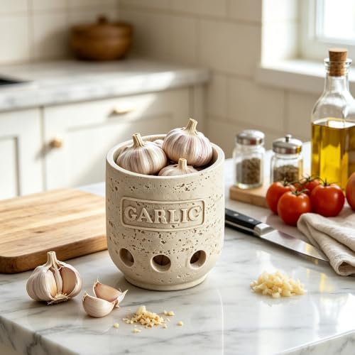 Polytree Handmade Beige Travertine-Look Garlic Keeper with Lid – Farmhouse Kitchen Countertop Garlic Storage Container for Fresh Garlic Cloves, Rustic Garlic Saver for Gift