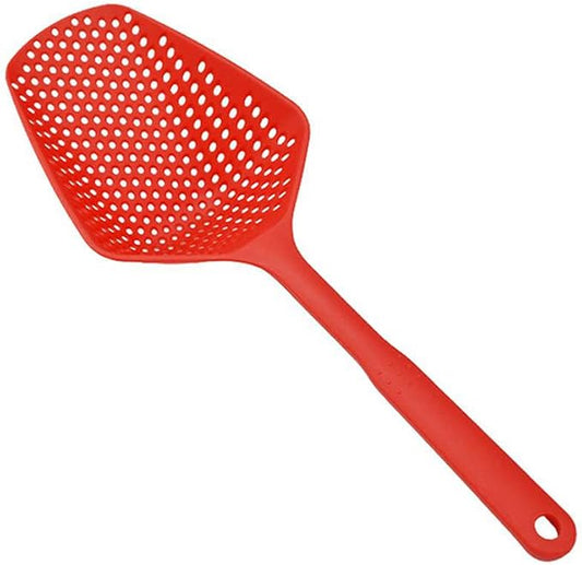SEIWEI Large Strainer Spoon, Long Handle Tool Colander Draining Scoop, Heat-Resistant Pasta Strainer Cooking Kitchen for Spaghetti, Noodles, Veggies, Non-Slip Grip & Hanging Loop, 13.5'', Red