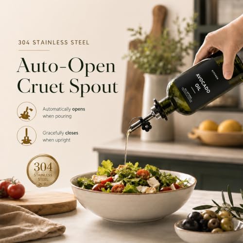 Olive Oil Dispenser for Kitchen, 2-Pack 12oz Glass Bottle with Black Labels
