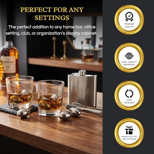 Football Gifts for Men Dad - Whiskey Glasses and Chilling Stones Gift Set, Whiskey Flask, Whiskey Glasses, Stainless Steel Whiskey Footballs, Slate Stone Coasters, Tongs Gift Box