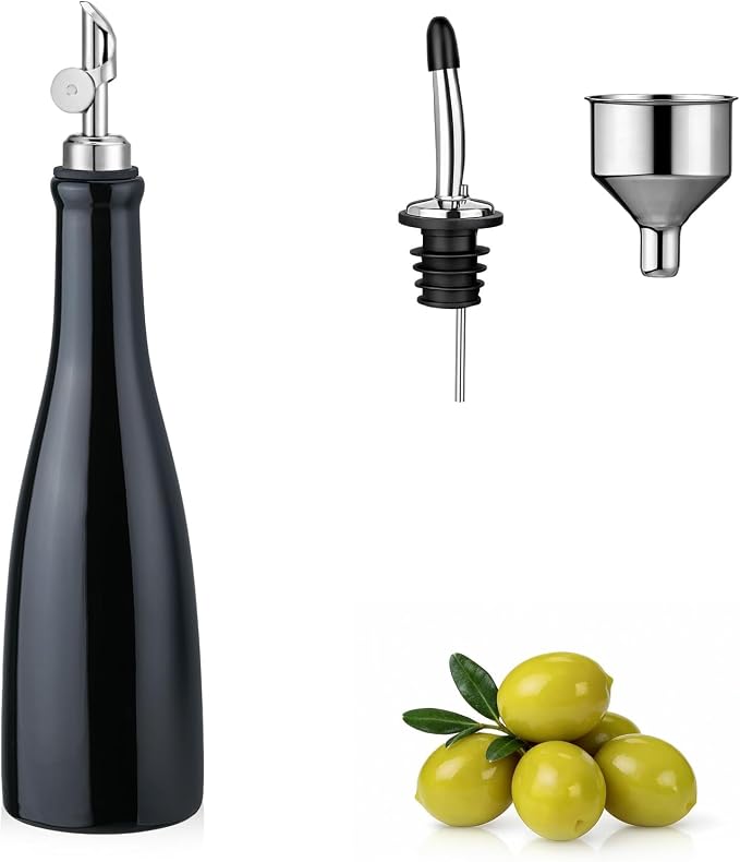 YOLIFE Olive Oil Dispenser Bottle, 15oz Ceramic Oil Dispenser for Kitchen | Oil Bottle with Gravity Spout, Leak Proof EVOO Dispensing Bottle with 2 Spouts and 1 Funnel for Vinegar, Juice(Red)