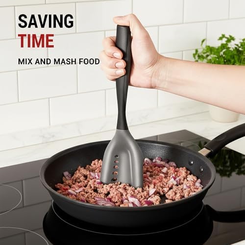 2-in-1 Mincing Spatula Meat Chopper & Potato Masher, Premium Heat Resistant Ground Beef Smasher Hamburger Grinder with Perforated Design, Silicone Non-Stick for Cooking - Black