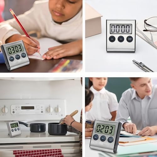 4 Pack Digital Timer with Magnetic Countdown Loud Alarm Hanging Hole Bracket Stainless Steel Battery Easy to Carry for Kitchen Cooking Baking Sports (Silver)