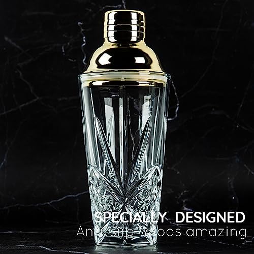 14.5 oz Glass Cocktail Shaker Set - Cut Crystal Tumbler Bartender Shaker with Stainless Sealing Steel Cap & Built - in Strainer, Martini Making Set for Home Use & Bar Use - Rosegold