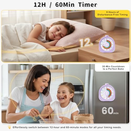 Visual Timer for Kids, Rechargeable Rainbow 60-Min/12-Hour Switchable Countdown Timer, Magnetic Timer with Pomodoro Mode, ADHD Time Management Tool for Classroom,Home with Silent Operation, Purple