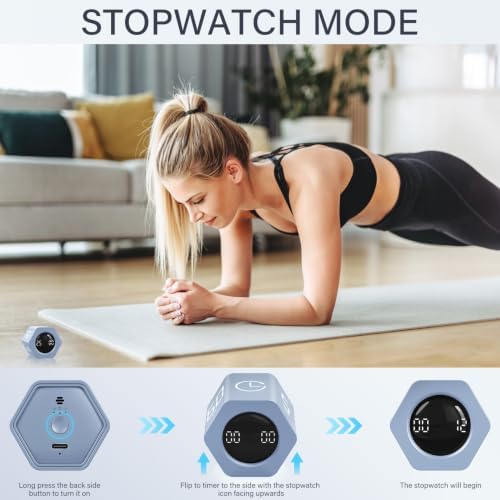 Rotating Productivity Timer 5, 25, 10 30,60 Mins Preset Stopwatch, Desk Flip ProductivityTimer, ADHD Tool Hexagon, Vibration/Mute/Alarm, for Work, Study, Back to School, Kitchen, Blue