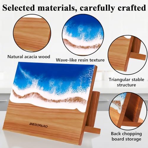 Wooden Magnetic Knife Holder – Freestanding Knife Block with Cutting Board Holder, Countertop Magnetic Knife Stand in Acacia Wood with Resin Design