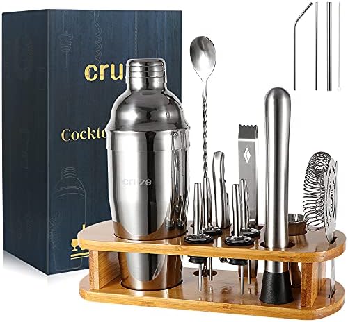 12-Piece Cocktail Shaker Set with Stand – 25oz Bartender Kit Including Shaker Jigger Muddler Bar Spoon Strainer Tongs 4 Pourers & Opener – Gift Box for Home Entertaining