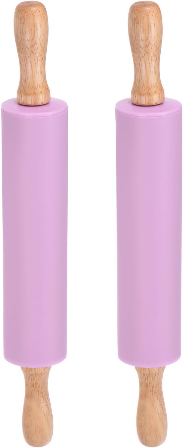 HARFINGTON 2pcs Silicone Rolling Pins for Baking 12.2 Inch Non-Stick Silicone Surface Wooden Handle Rolling Pin Small Roller Playdough Rolling Pins for Fondant Kitchen Dough Pizza, Purple