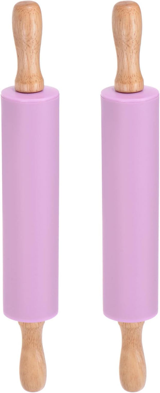 HARFINGTON 2pcs Silicone Rolling Pins for Baking 12.2 Inch Non-Stick Silicone Surface Wooden Handle Rolling Pin Small Roller Playdough Rolling Pins for Fondant Kitchen Dough Pizza, Purple