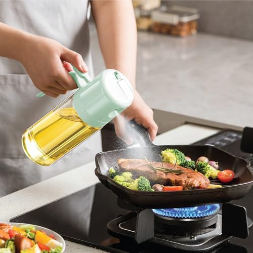 Glad 2 in 1 Oil Dispenser, 18.6oz/550ml - Olive Oil Sprayer for Cooking, Pouring Salad Dressing, and Grilling - Kitchen Gadget with Refillable Glass Bottle, Handle, and Mist or Pour Options - Green