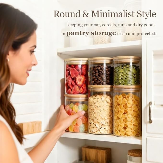 ComSaf Glass Storage Containers with Lids, Set of 6 Jars (0.6Qt/1Qt/1.5Qt) | Glass Pantry Storage Containers, Pantry Organization, BPA Free, Kitchen Canisters, Dry Food Flour Cereal Sugar Tea Coffee