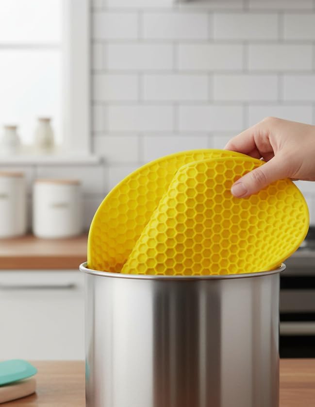6-Pack Silicone Trivet Mats, Heat Resistant Hot Pads, Dishwasher Safe Kitchen Mats, BPA-Free Pot Holders for Table, Countertop, Stove, Honeycomb Design (Yellow, 7“ Round)